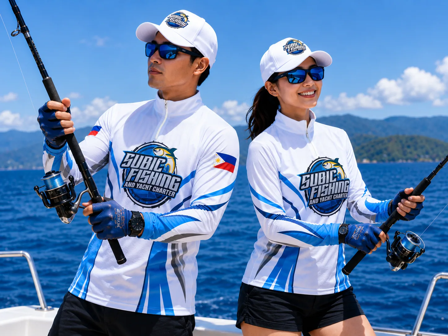 Two anglers on a boat wearing the Subic Fishing performance longsleeve