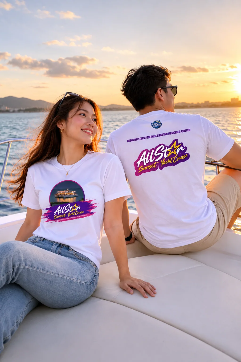 Two guests on a yacht at sunset wearing Subic Fishing tees